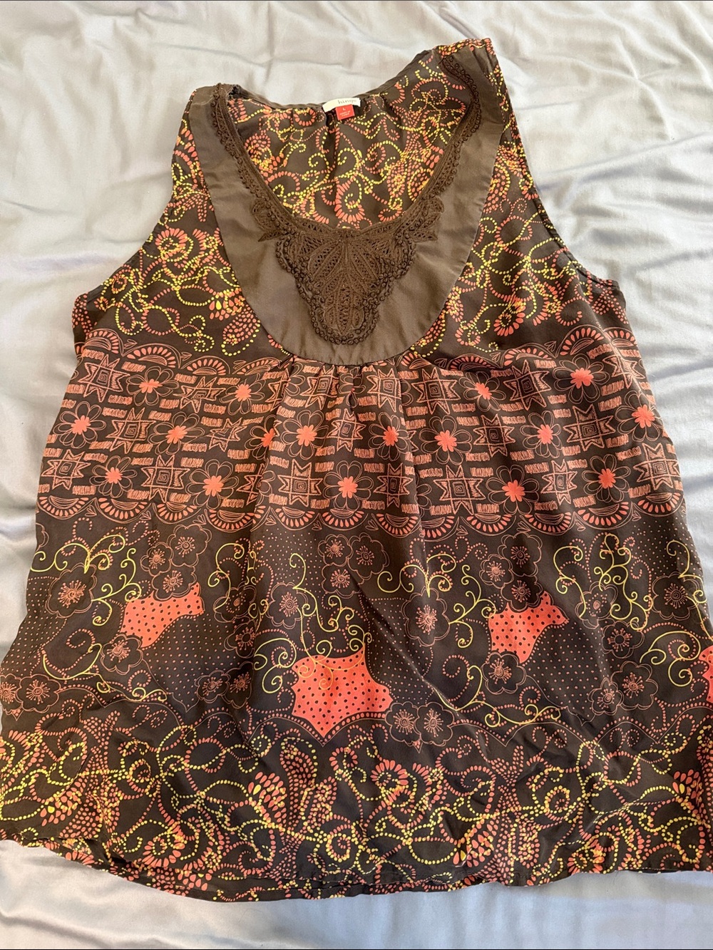Brown Floral Crochet-like Yoke Silk Tank Top - by Hinge size Large